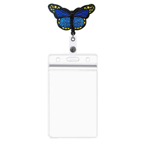 Image de Bleu - 1 # clip de bobine de badge rétractable papillon brodé en tissu avec porte-cartes d'identité en PVC 20x7.5cm, 1 pièce