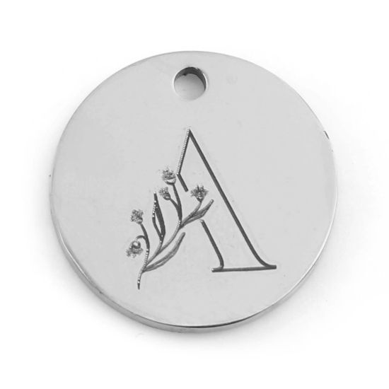 Immagine di 201 Acciaio Inossidabile Charms Tondo Tono Argento Fiore Messaggio " A " 15mm Dia., 1 Pz