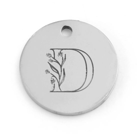 Immagine di 201 Acciaio Inossidabile Charms Tondo Tono Argento Fiore Messaggio " D " 15mm Dia., 1 Pz