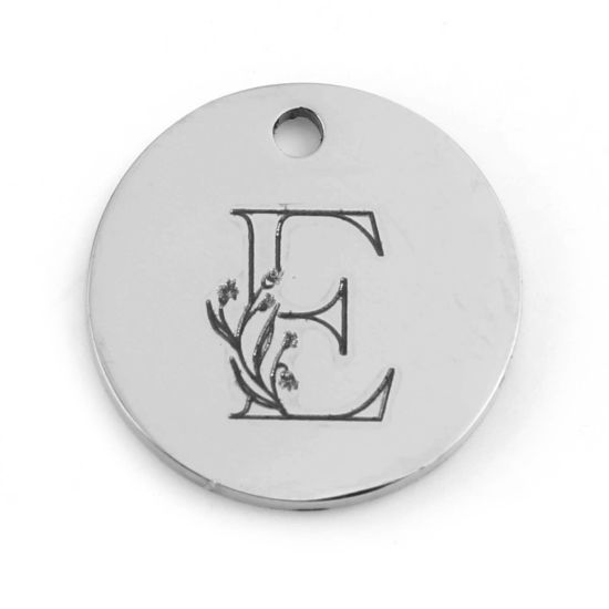 Immagine di 201 Acciaio Inossidabile Charms Tondo Tono Argento Fiore Messaggio " E " 15mm Dia., 1 Pz