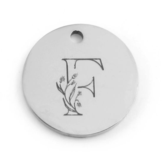 Immagine di 201 Acciaio Inossidabile Charms Tondo Tono Argento Fiore Messaggio " F " 15mm Dia., 1 Pz