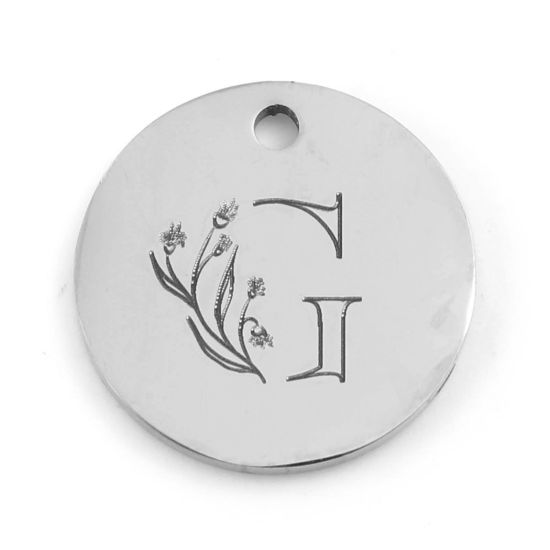 Immagine di 201 Acciaio Inossidabile Charms Tondo Tono Argento Fiore Messaggio " G " 15mm Dia., 1 Pz