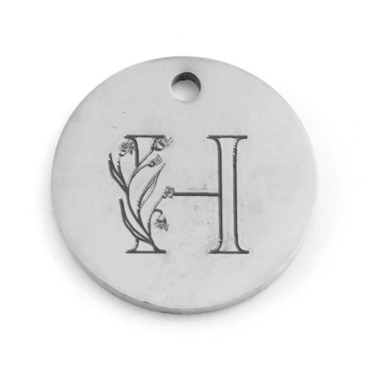 Immagine di 201 Acciaio Inossidabile Charms Tondo Tono Argento Fiore Messaggio " H " 15mm Dia., 1 Pz