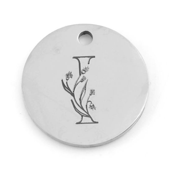 Immagine di 201 Acciaio Inossidabile Charms Tondo Tono Argento Fiore Messaggio " I " 15mm Dia., 1 Pz