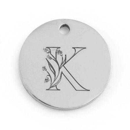 Picture of 201 Stainless Steel Charms Silver Tone Round Disc Flower Message " K " 15mm Dia., 1 Piece