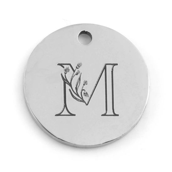 Immagine di 201 Acciaio Inossidabile Charms Tondo Tono Argento Fiore Messaggio " M " 15mm Dia., 1 Pz