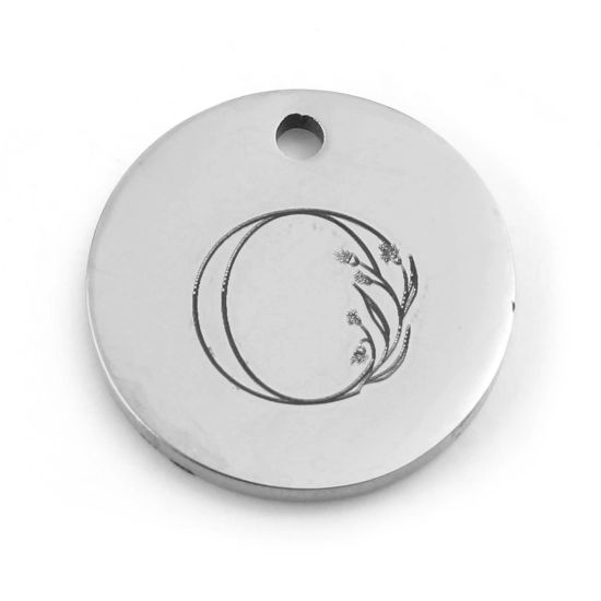 Immagine di 201 Acciaio Inossidabile Charms Tondo Tono Argento Fiore Messaggio " O " 15mm Dia., 1 Pz