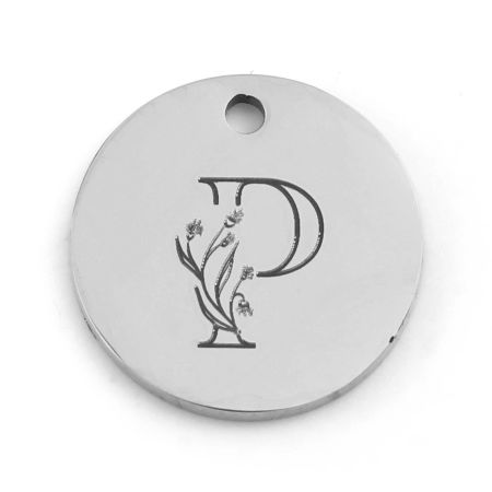 Picture of 201 Stainless Steel Charms Silver Tone Round Disc Flower Message " P " 15mm Dia., 1 Piece
