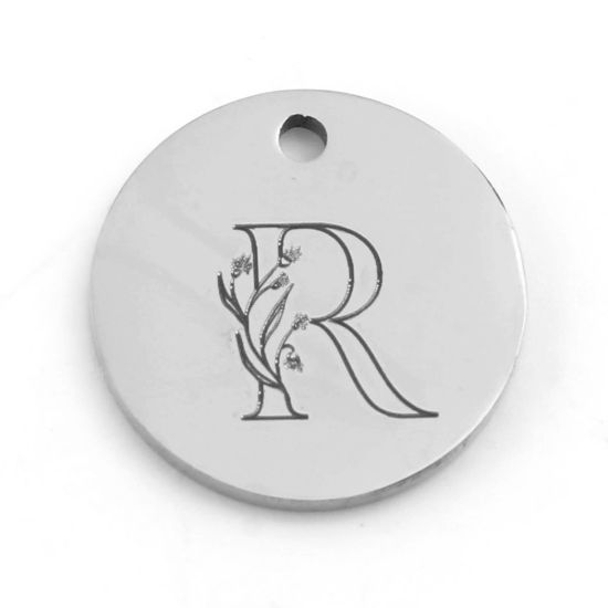 Immagine di 201 Acciaio Inossidabile Charms Tondo Tono Argento Fiore Messaggio " R " 15mm Dia., 1 Pz