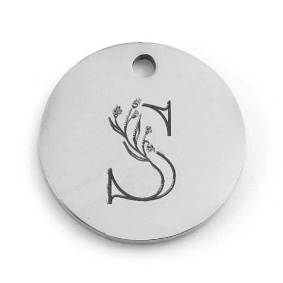 Immagine di 201 Acciaio Inossidabile Charms Tondo Tono Argento Fiore Messaggio " S " 15mm Dia., 1 Pz