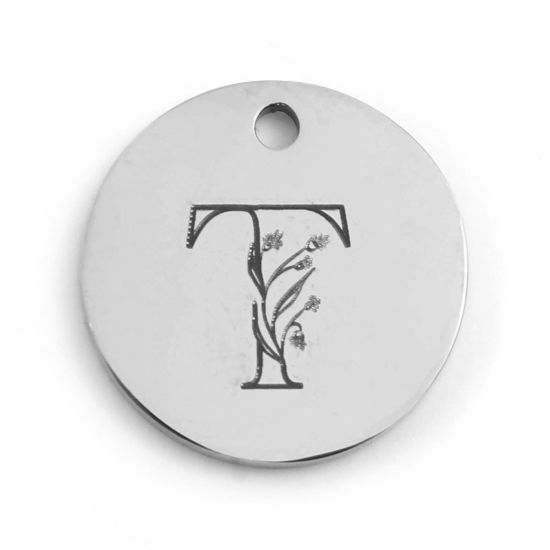 Immagine di 201 Acciaio Inossidabile Charms Tondo Tono Argento Fiore Messaggio " T " 15mm Dia., 1 Pz