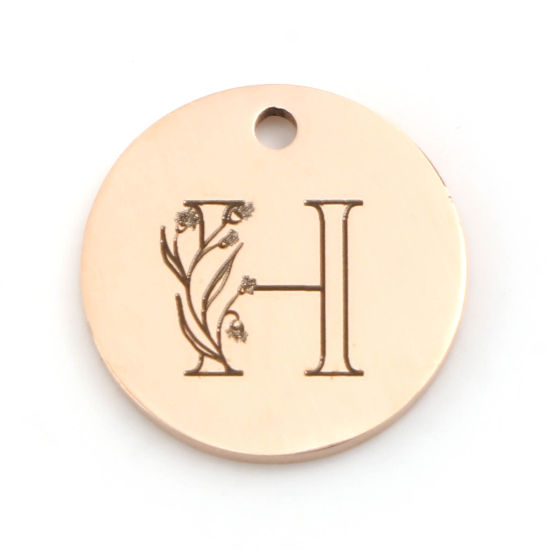 Immagine di 201 Acciaio Inossidabile Charms Tondo Oro Rosa Fiore Messaggio " H " 15mm Dia., 1 Pz