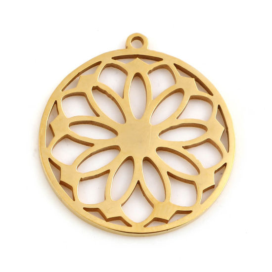 Picture of 201 Stainless Steel Charms Gold Plated Round Flower Hollow 22mm x 20mm, 2 PCs