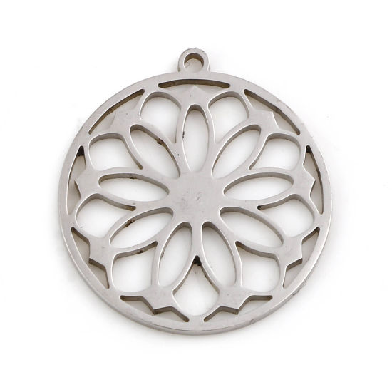 Picture of 201 Stainless Steel Charms Silver Tone Round Flower Hollow 22mm x 20mm, 2 PCs