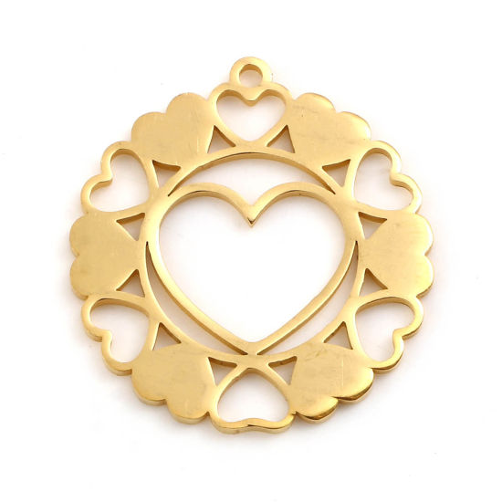 Picture of 201 Stainless Steel Valentine's Day Charms Gold Plated Round Heart Hollow 21mm x 20mm, 2 PCs