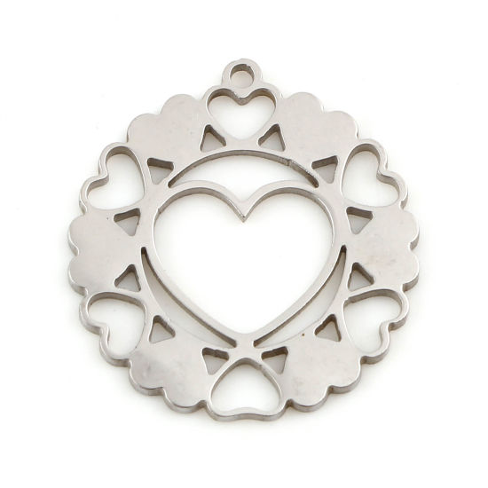 Picture of 201 Stainless Steel Valentine's Day Charms Silver Tone Round Heart Hollow 21mm x 20mm, 2 PCs