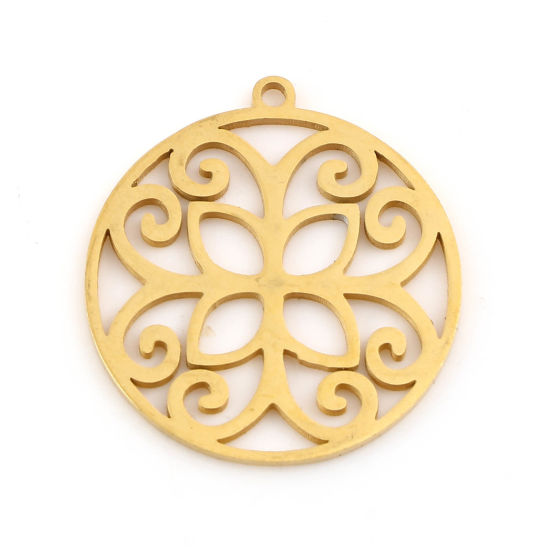 Picture of 201 Stainless Steel Charms Gold Plated Round Flower Hollow 22mm x 20mm, 2 PCs