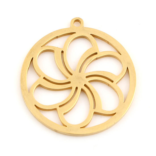 Picture of 201 Stainless Steel Charms Gold Plated Round Flower Hollow 22mm x 20mm, 2 PCs