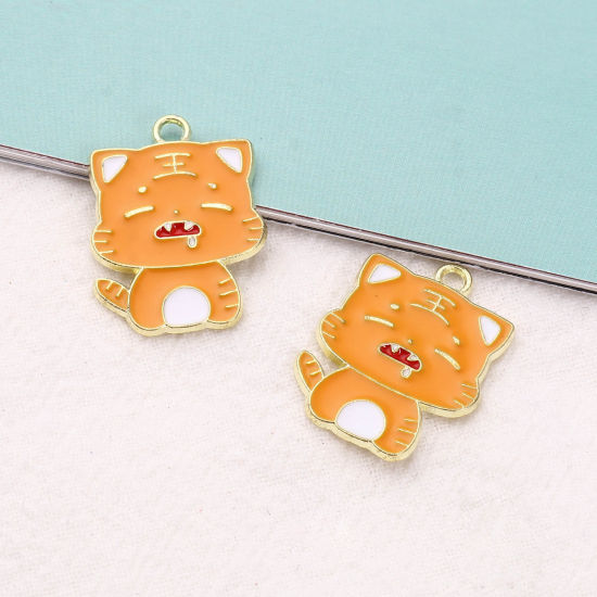 Immagine di Lega di Zinco Charms Tigre Oro Placcato Arancione Smalto 24mm x 18mm , 10 Pz