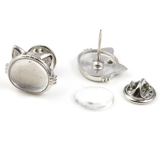 Picture of Glass Pin Brooches Findings Cat Animal Silver Tone 18.5mm x 16mm, 5 Sets