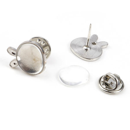 Picture of Glass Pin Brooches Findings Rabbit Animal Silver Tone 17mm x 15.5mm, 5 Sets