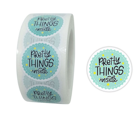 Изображение Green - Paper DIY Scrapbook Deco Stickers Round Message " Pretty Things Inside " 2.5cm Dia., 1 Roll(500 PCs/Roll)