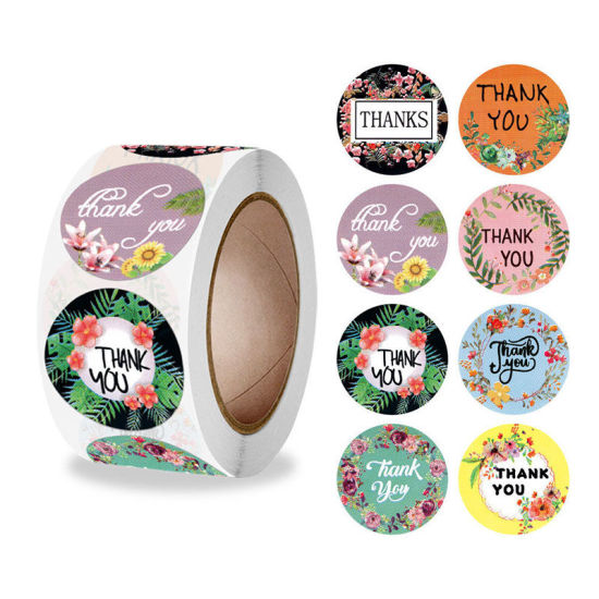 Изображение Multicolor - Paper DIY Scrapbook Deco Stickers Round Flower Pattern Message " Thank You " 2.5cm Dia., 1 Roll(500 PCs/Roll)