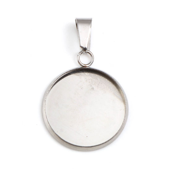 Immagine di 304 Stainless Steel Pendants Round Disc Silver Tone Cabochon Packettings (Fits 18mm Dia.) 31mm x 20mm, 1 Packet ( 10 PCs/Packet)