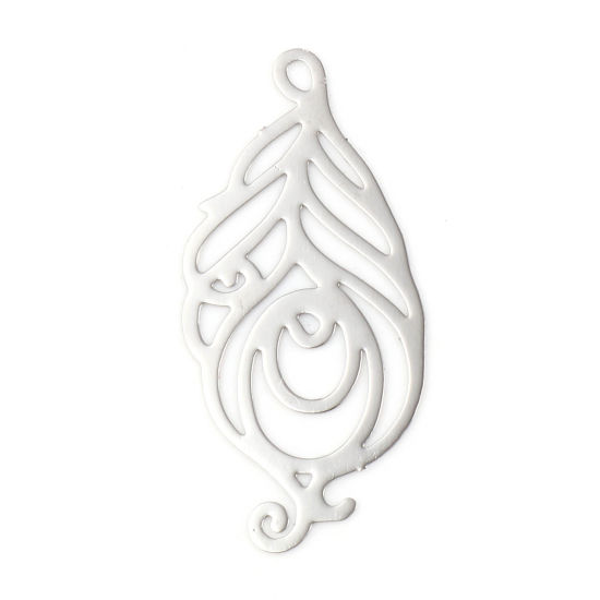 Immagine di Ottone Filigree Stamping Ciondoli Tono Argento Piuma Filigrana 30mm x 14mm, 20 Pz
