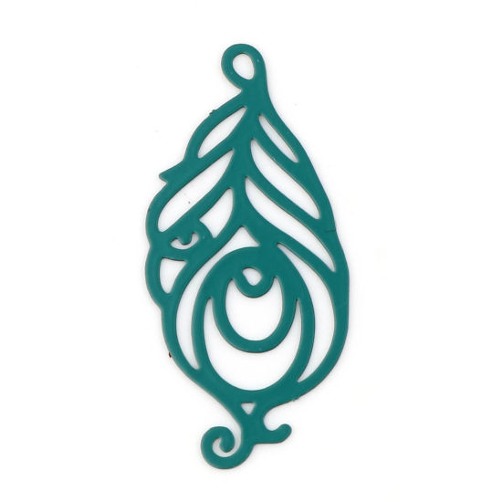 Immagine di Ottone Filigree Stamping Ciondoli Verde Scuro Piuma Filigrana Pittura 30mm x 14mm, 20 Pz