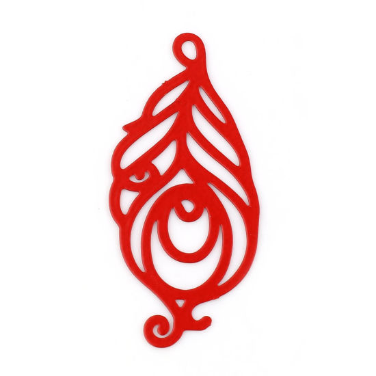 Immagine di Ottone Filigree Stamping Ciondoli Rosso Piuma Filigrana Pittura 30mm x 14mm, 20 Pz