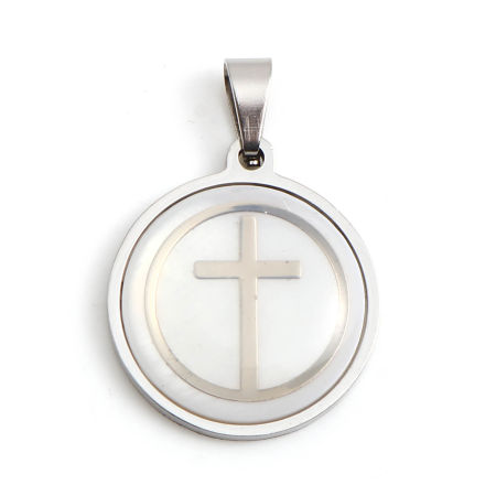 Picture of 201 Stainless Steel & Natural Shell Religious Pendants Round Disc Silver Tone White Cross 30mm x 20mm, 1 Piece