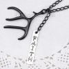 Picture of New Fashion Jewelry Necklace Earring Set Black Deer Horn /Antler Rectangle " FAITH " Pendants 82.0cm(32 2/8") long, 6.4cm(2 4/8") x 4cm(1 5/8"), 1 Set