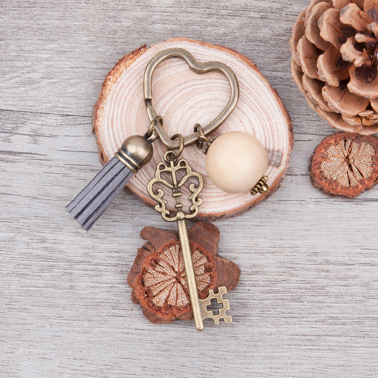 Bild von Modisch Vintage Schlüsselring Herz Muster Bronzefarbe mit Dunkelgrau Veloursleder Quaste & Acryl Perlen 89mm x 31mm 1 Stück