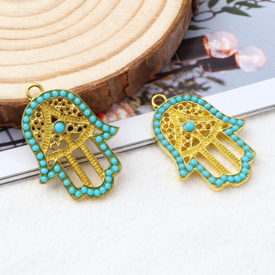 Immagine di Lega di Zinca + Acrilato Religione Ciondoli Palmo Oro Placcato Blu 32mm x 23mm , 2 Pz