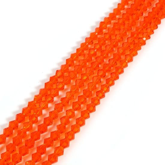 Image de Perles en Verre Hexagone Rouge Orangé A Facettes, 4mm x 4mm, Trou: 1mm, 40cm - 39.5cm long, 5 Enfilades (env. 98 Pcs/Enfilade)