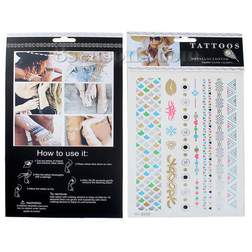 Picture of Removable Waterproof Metallic Temporary Tattoo Sticker Body Art Multicolor Mixed Pattern 21cm(8 2/8") x 15cm(5 7/8"), 1 Sheet
