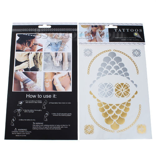 Picture of Removable Waterproof Metallic Temporary Tattoo Sticker Body Art Golden & Silver Flower Pattern 21cm(8 2/8") x 15cm(5 7/8"), 1 Sheet