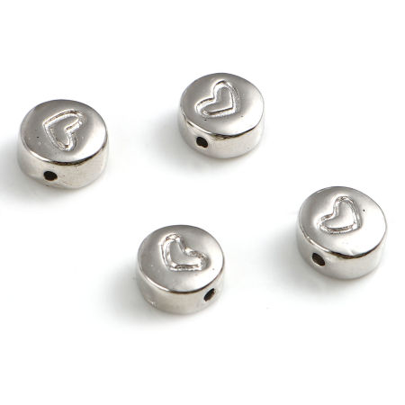 Bild von Zinklegierung Valentinstag Zwischenperlen Spacer Perlen Flachrund Silberfarbe Herz ca. 8mm D., Loch:ca. 1.2mm, 30 Stück