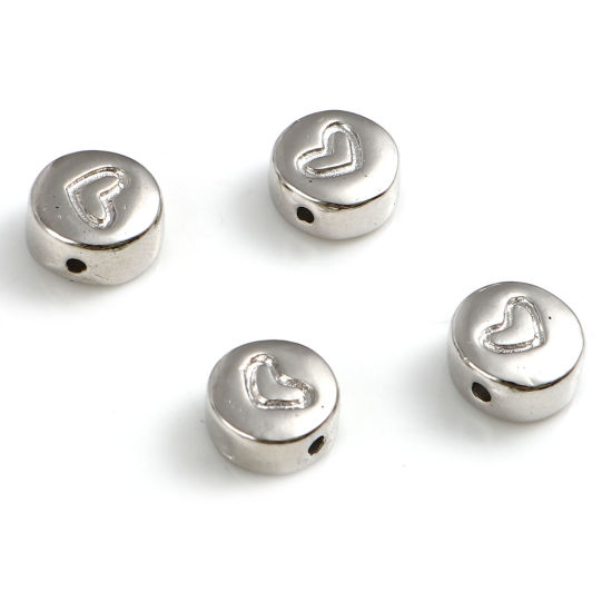 Image de Perles en Alliage de Zinc La Saint Valentin Plat-Rond Argent Mat Cœur Gravé 8mm Dia, Trou: env. 1.2mm, 30 Pcs