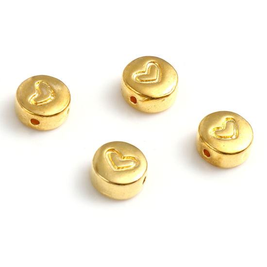 Image de Perles en Alliage de Zinc La Saint Valentin Plat-Rond Doré Cœur Gravé 8mm Dia, Trou: env. 1.2mm, 30 Pcs