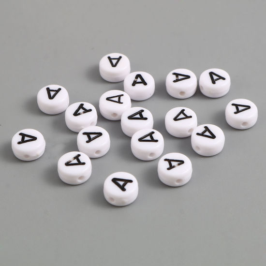 Изображение Acrylic Beads Flat Round Black & White Initial Alphabet/ Capital Letter Pattern Message " A " About 7mm Dia., Hole: Approx 1.4mm, 500 PCs