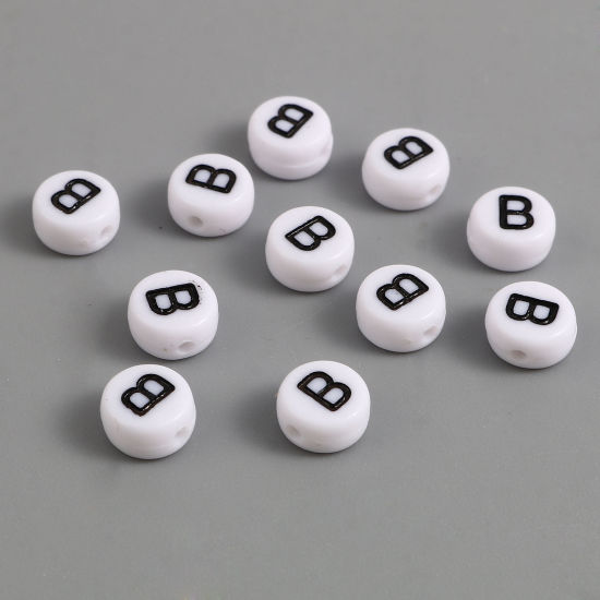 Изображение Acrylic Beads Flat Round Black & White Initial Alphabet/ Capital Letter Pattern Message " B " About 7mm Dia., Hole: Approx 1.4mm, 500 PCs