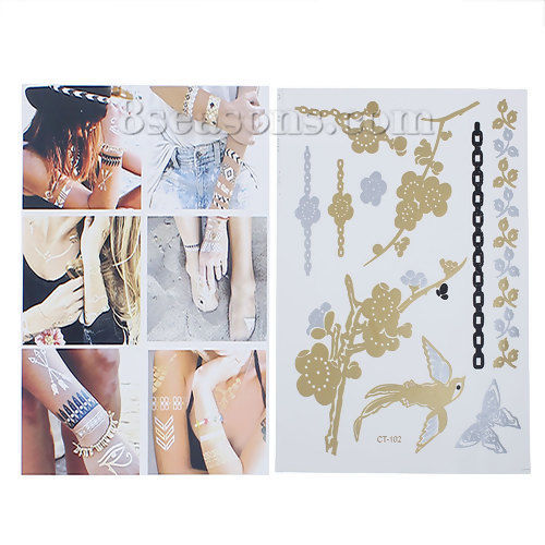 Bild von Papier Temporäre Metallic Tattoos Aufkleber für Körper Wasserdicht Bunt , mit Blumen Muster, 21cm x 15cm, 1 Blatt