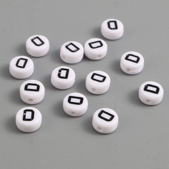 Изображение Acrylic Beads Flat Round Black & White Initial Alphabet/ Capital Letter Pattern Message " D " About 7mm Dia., Hole: Approx 1.4mm, 500 PCs