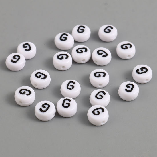 Изображение Acrylic Beads Flat Round Black & White Initial Alphabet/ Capital Letter Pattern Message " G " About 7mm Dia., Hole: Approx 1.4mm, 500 PCs