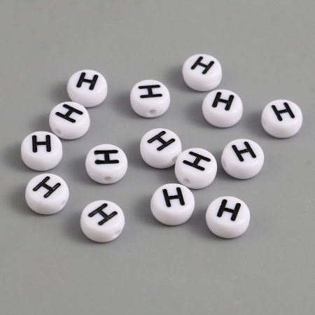 Picture of Acrylic Beads Flat Round Black & White Initial Alphabet/ Capital Letter Pattern About 7mm Dia., Hole: Approx 1.4mm, 500 PCs