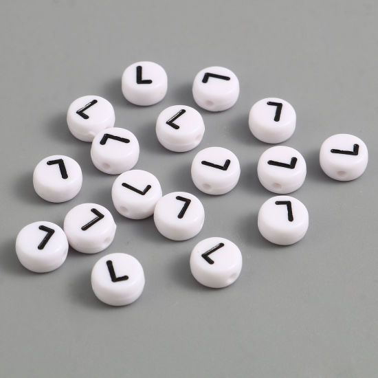 Изображение Acrylic Beads Flat Round Black & White Initial Alphabet/ Capital Letter Pattern Message " L " About 7mm Dia., Hole: Approx 1.4mm, 500 PCs
