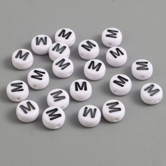 Picture of Acrylic Beads Flat Round Black & White Initial Alphabet/ Capital Letter Pattern Message " M " About 7mm Dia., Hole: Approx 1.4mm, 500 PCs