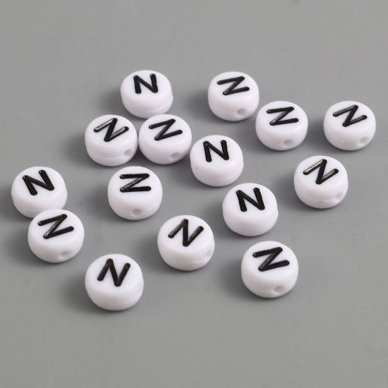 Picture of Acrylic Beads Flat Round Black & White Initial Alphabet/ Capital Letter Pattern Message " N " About 7mm Dia., Hole: Approx 1.4mm, 500 PCs